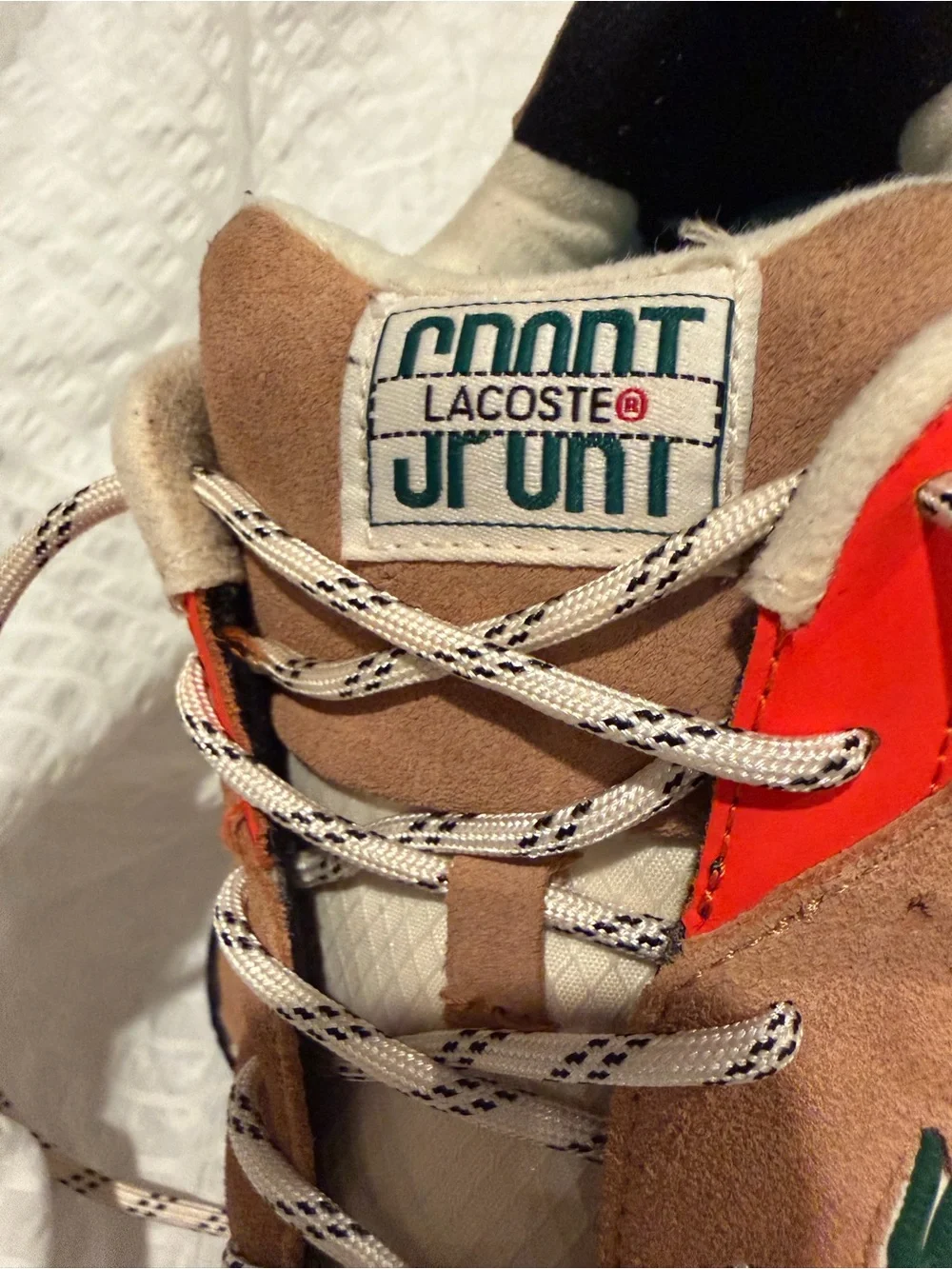 Lacoste Men’s Tan Suede Sneakers with Cream and Orange Accents
